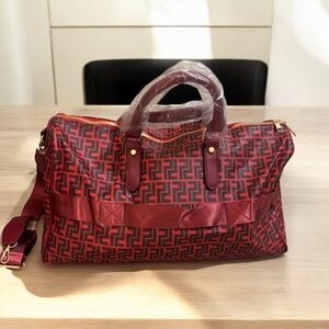 Luxie Red and Black Geometric Travel Bag with Leather Accents
